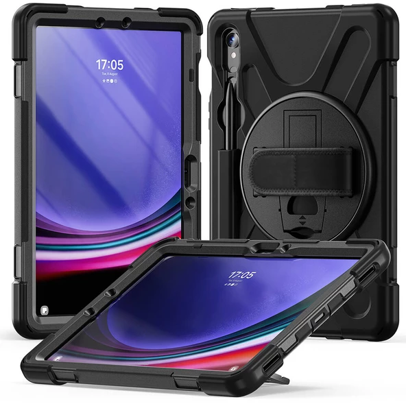 Samsung Galaxy Tab S9 FE - Tablet Kılıfı Boyun ip Askılı El Tutmaçlı Koruyucu Zırh Tank Defender Kılıf - 8