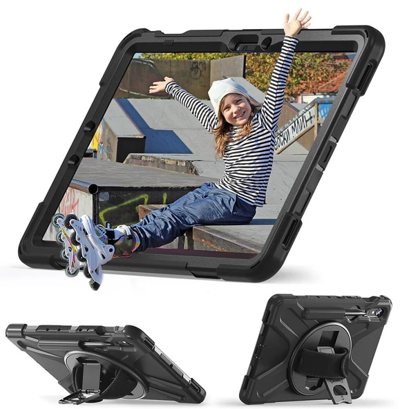 Samsung Galaxy Tab S9 FE - Tablet Kılıfı Boyun ip Askılı El Tutmaçlı Koruyucu Zırh Tank Defender Kılıf - 2
