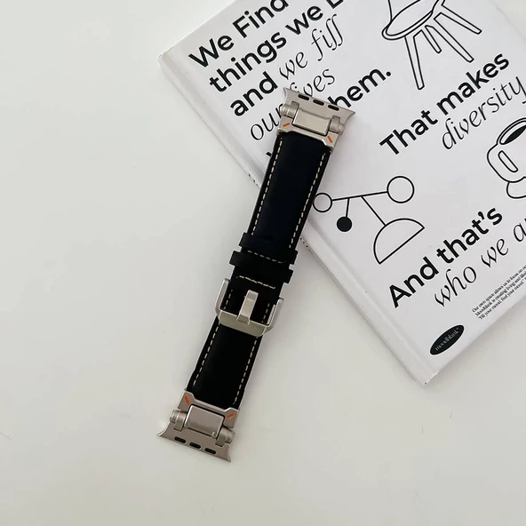 Apple Watch 7 45mm - Kordon Metal Başlıklı Suni Deri Kordon KRD-114 - 2