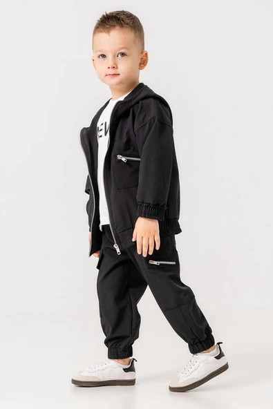 Kapüşonlu Fermuarlı Body Hediyeli 3 Parça Erkek Çocuk Ceketli Takım - 3