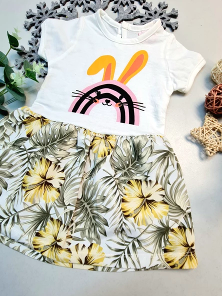 Kız Bebek Çiçek Desenli Kısa Kol Yazlık Elbise - 3