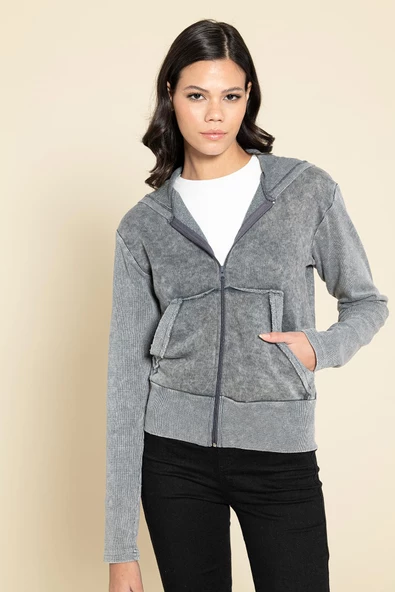 Yıkamalı Fermuarlı Kapişonlu Gri Sweatshirt - 2