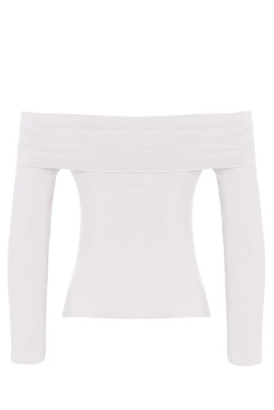 Kadın Moda Şık Üst Giyim Uzun Carmen Yaka Regular Kalıp Örme Fitted Vücuda Oturan Esnek Bluz - 6