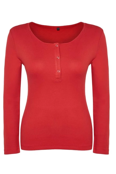Kadın Moda Şık Büyük Beden Crop Havuz Yaka Regular Kalıp Örme U Yaka Çıtçıt Detaylı Bluz