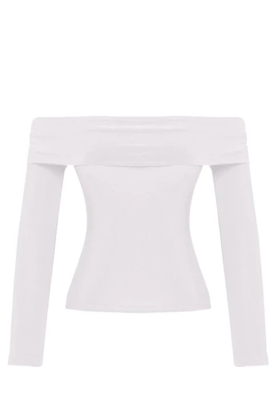 Kadın Moda Şık Üst Giyim Uzun Carmen Yaka Regular Kalıp Örme Fitted Vücuda Oturan Esnek Bluz