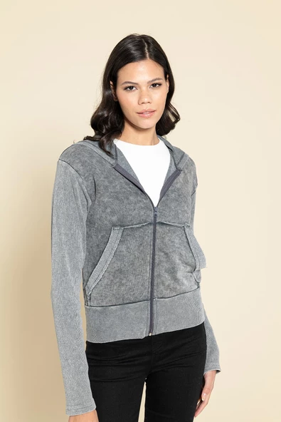 Yıkamalı Fermuarlı Kapişonlu Gri Sweatshirt - 4