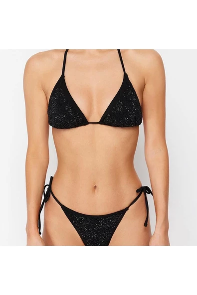 Yeni Baskılı Destekli Üçgen Normal Bel Brief Siyah Üçgen Taşlı Regular Bikini Takımı - 4