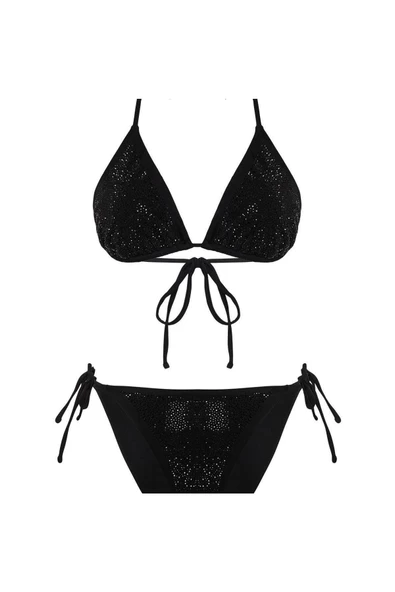 Yeni Baskılı Destekli Üçgen Normal Bel Brief Siyah Üçgen Taşlı Regular Bikini Takımı - 6