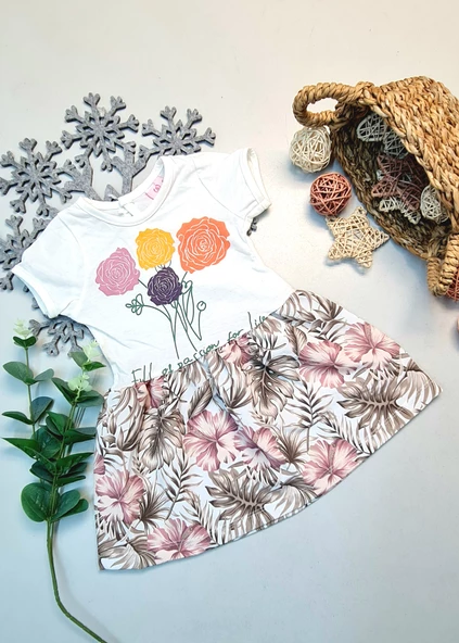 Kız Bebek Çiçek Desenli Kısa Kol Yazlık Elbise - 2