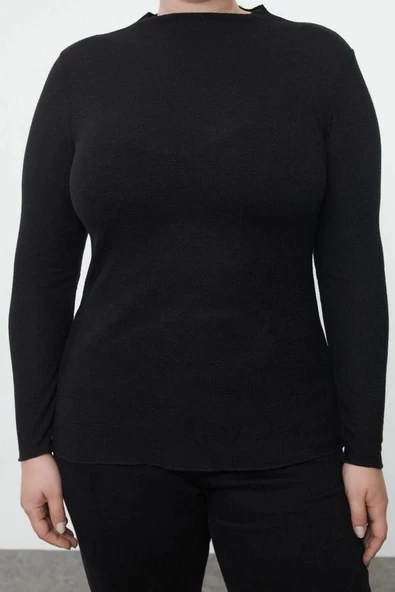 Kadın Moda Şık Büyük Beden Regular Bisiklet Yaka Fitted Kalıp Örme Köpük Bluz