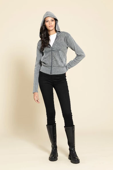 Yıkamalı Fermuarlı Kapişonlu Gri Sweatshirt - 3