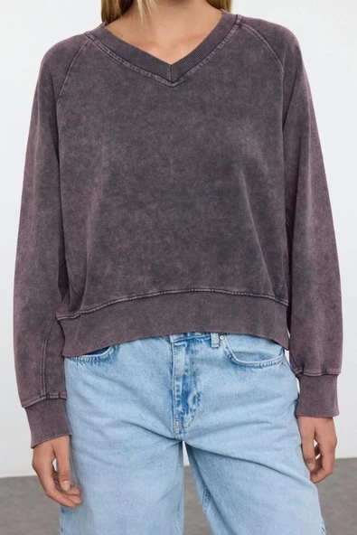 Kadın Moda Şık Üst Giyim Regular V Yaka Reglan Kol Regular Kalıp Örme Yıkamalı Normal Kalıp Bluz