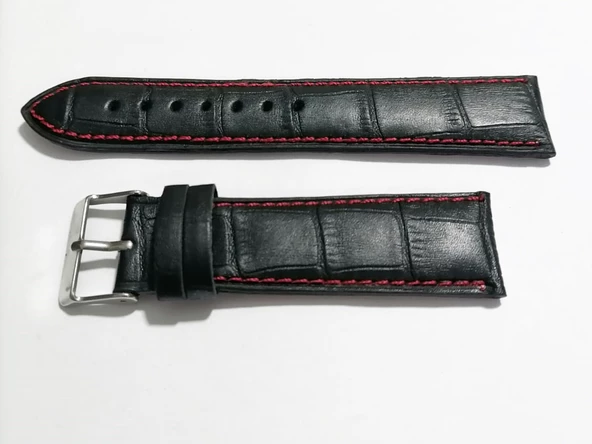 Fado  Seiko Uyumlu Hakiki  Dana  Derisi Saat Kordonu  20 mm  ( 130)  Kırmızı Dikişli  siyah - Resim 3