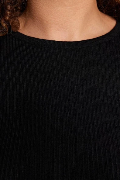 Yeni Fit Casual Günlük Fitilli Triko Bisiklet Yaka Uzun Kol Kazak Elbise Mini Boy Büyük Beden Elbise - 5