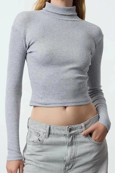 Kadın Uzun Balıkçı Yaka Regular Kalıp Örme Melanj 2Li Paket Fitted Yarım Balıkçı Fitilli Esnek Bluz