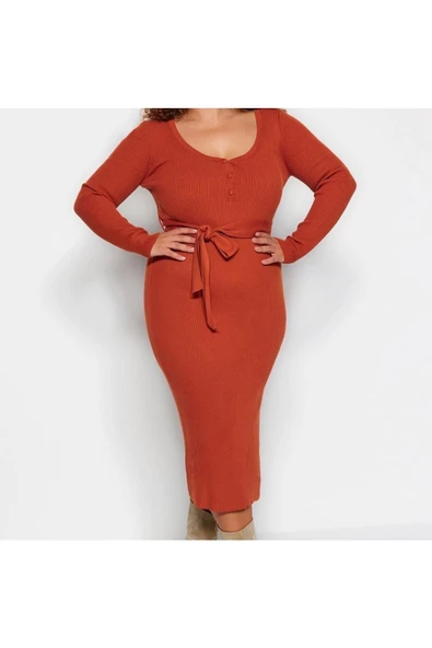 Yeni Fit Casual Günlük Fitilli Triko V Yaka Uzun Kol Bodycone Midi Boy Büyük Beden Elbise - 4