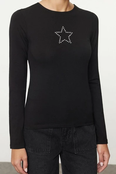 Kadın Moda Şık Regular Bisiklet Yaka Slim Kalıp Örme Yıldız Taş Baskılı Fitted Vücuda Oturan Bluz
