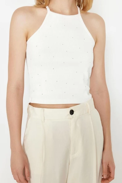 Kadın Moda Şık Crop Halter Yaka Slim Kalıp Örme Taş Detaylı Fitted Vücuda Oturan Fitilli Esnek Bluz - 1