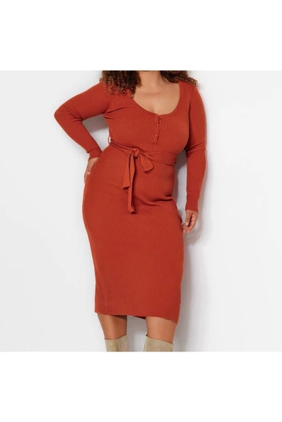 Yeni Fit Casual Günlük Fitilli Triko V Yaka Uzun Kol Bodycone Midi Boy Büyük Beden Elbise - 3