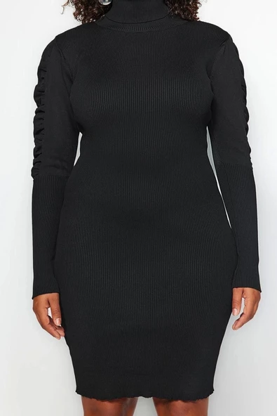 Yeni Fit Casual Günlük Tek Plaka Triko Balıkçı Yaka Uzun Kol Bodycone Mini Boy Büyük Beden Elbise