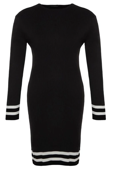 Yeni Fit Casual Günlük Fitilli Triko Bisiklet Yaka Uzun Kol Kazak Elbise Mini Boy Büyük Beden Elbise