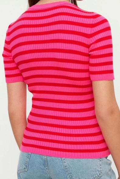 Kadın Moda Şık Üst Giyim Regular Bisiklet Yaka Regular Kalıp Triko Basic Çizgili Kazak - 6
