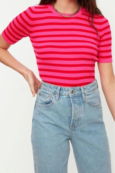 Kadın Moda Şık Üst Giyim Regular Bisiklet Yaka Regular Kalıp Triko Basic Çizgili Kazak - 3