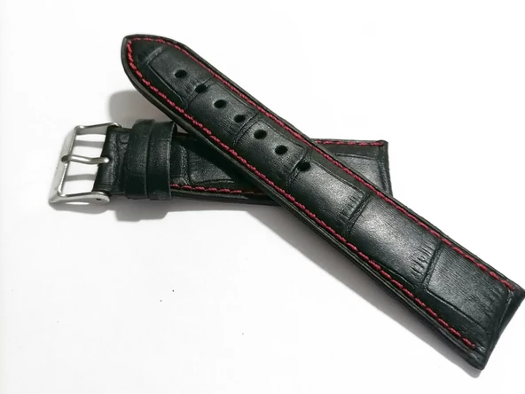 Fado  Seiko UyumluHakiki  Dana Derisi Saat Kordonu  22 mm  ( 131) Kırmızı Dikişli