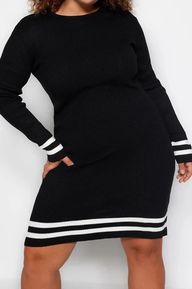 Yeni Fit Casual Günlük Fitilli Triko Bisiklet Yaka Uzun Kol Kazak Elbise Mini Boy Büyük Beden Elbise - 4