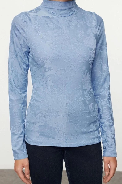Kadın Moda Şık Üst Giyim Regular Dik Yaka Slim Kalıp Örme Jakarlı Fittted Vücuda Oturan Esnek Bluz
