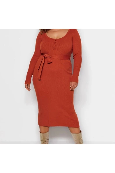 Yeni Fit Casual Günlük Fitilli Triko V Yaka Uzun Kol Bodycone Midi Boy Büyük Beden Elbise - 2