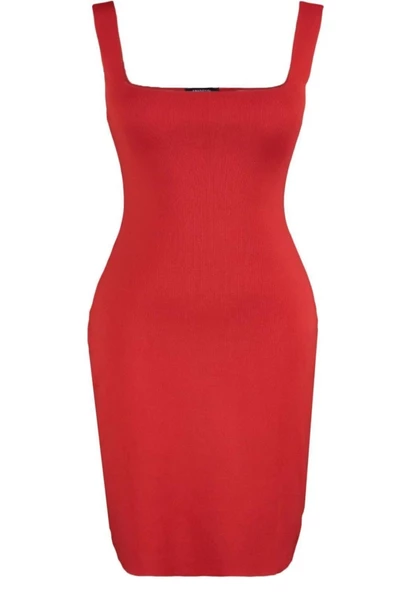 Yeni Fit Casual Günlük Tek Plaka Triko Kare Yaka Askılı Kol Bodycone Mini Boy Büyük Beden Elbise