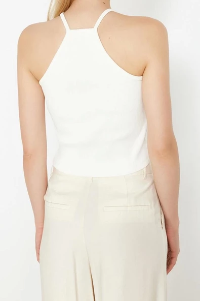 Kadın Moda Şık Crop Halter Yaka Slim Kalıp Örme Taş Detaylı Fitted Vücuda Oturan Fitilli Esnek Bluz - 6