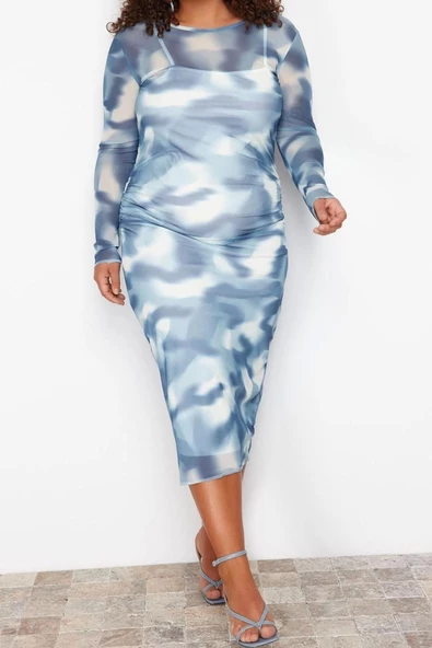 Yeni Fit Casual Günlük Tül Örme Bisiklet Yaka Uzun Kol Bodycone Midi Boy Büyük Beden Elbise - 2