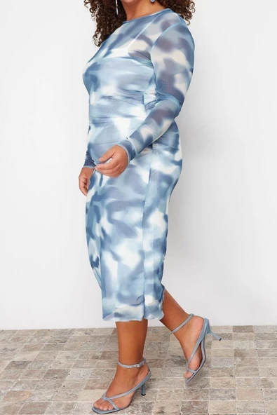 Yeni Fit Casual Günlük Tül Örme Bisiklet Yaka Uzun Kol Bodycone Midi Boy Büyük Beden Elbise - 5