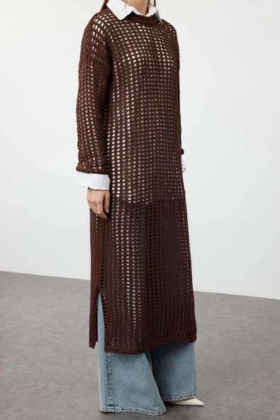 Yeni Oversize Casual Günlük Ajur Triko Bisiklet Yaka Uzun Kol Basic Maxi Boy Tesettür Elbise