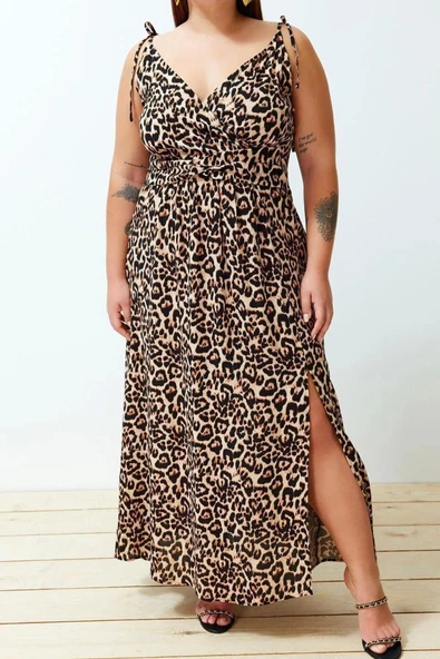Yeni Fit Casual Günlük Shally Dokuma Kruvaze Askılı Kol A-Line Maxi Boy Büyük Beden Elbise - 5