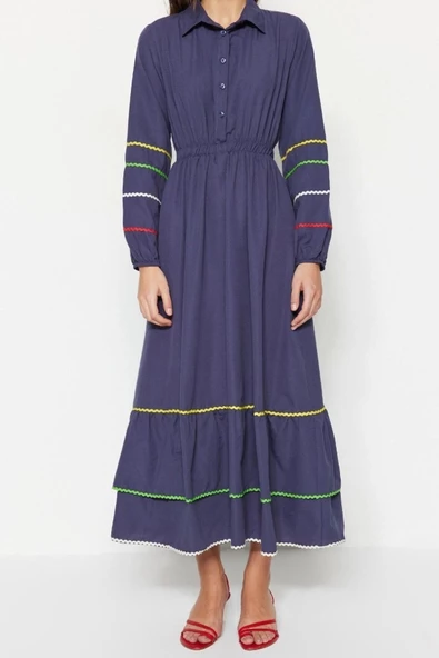 Yeni Regular Casual Günlük Terrycotton Dokuma Gömlek Yaka Uzun Kol Basic Maxi Boy Tesettür Elbise