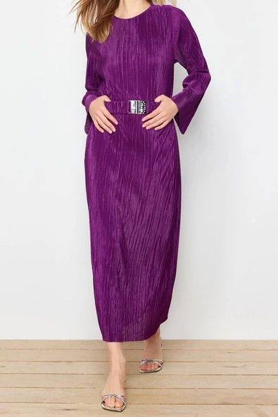 Yeni Regular Casual Günlük 2 İplik Örme Bisiklet Yaka Uzun Kol Basic Maxi Boy Tesettür Elbise - 3