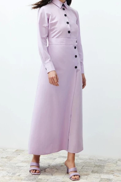 Yeni Regular Casual Günlük Poplin Dokuma Gömlek Yaka Uzun Kol A-Line Maxi Boy Tesettür Elbise - 2