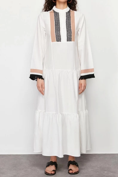 Yeni Regular Casual Günlük Poplin Dokuma V Yaka Uzun Kol Eteği Fırfırlı Maxi Boy Tesettür Elbise