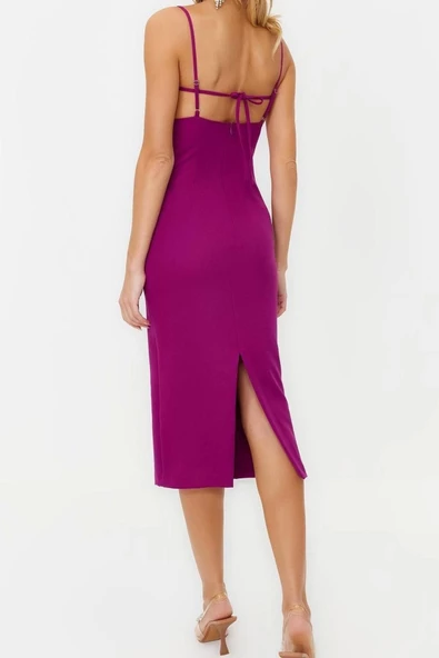 Yeni Regular Mezuniyet Balo Finike Dokuma Kare Yaka Askılı Kol Bodycone Midi Boy Elbise - 6