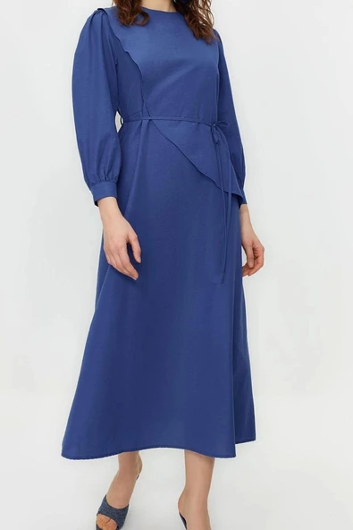 Yeni Regular Casual Günlük Terrycotton Dokuma Bisiklet Yaka Uzun Kol A-Line Maxi Boy Tesettür Elbise - 2