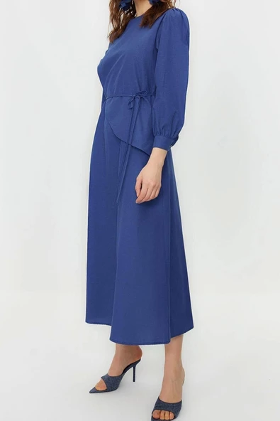 Yeni Regular Casual Günlük Terrycotton Dokuma Bisiklet Yaka Uzun Kol A-Line Maxi Boy Tesettür Elbise - 4