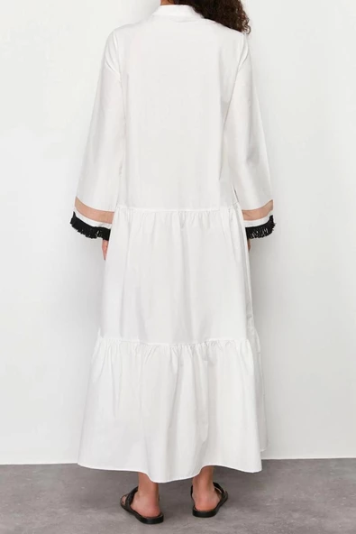 Yeni Regular Casual Günlük Poplin Dokuma V Yaka Uzun Kol Eteği Fırfırlı Maxi Boy Tesettür Elbise - 5