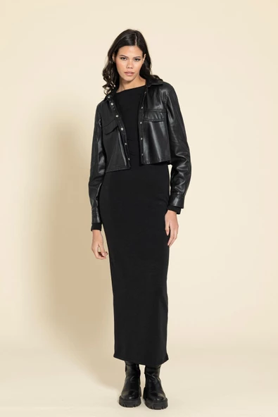 Cupra Kumaş Uzun Siyah Elbise - 3