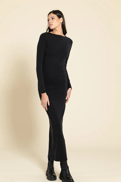 Cupra Kumaş Uzun Siyah Elbise - 2