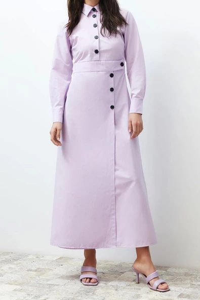 Yeni Regular Casual Günlük Poplin Dokuma Gömlek Yaka Uzun Kol A-Line Maxi Boy Tesettür Elbise - 3