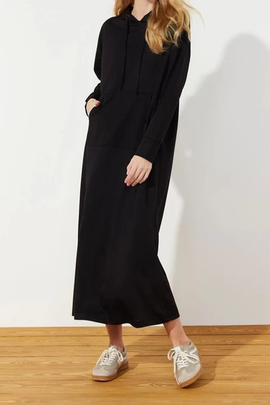 Yeni Regular Casual Günlük 2 İplik Örme Kapüşonlu Uzun Kol Basic Maxi Boy Tesettür Elbise - 3