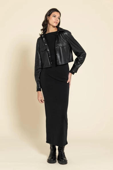 Cupra Kumaş Uzun Siyah Elbise - 4